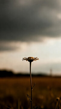 Single Daisy Flower in a Golden Field Under Dramatic Stormy Sky Moody Low Angle Concept of Resilience and Hope