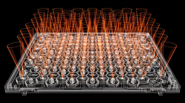 Sensor array features a rectangular grid of light-emitting diodes casting vertical orange cones of energy to illustrate advanced optical scanning and precision detection systems in modern robotics.