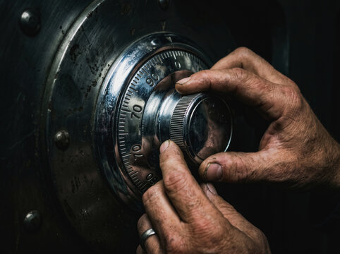 close-up of a worker's dirty hands turning a mechanical combination dial lock on an old steel vault door, representing safecracking, security breach, and unlocking secrets