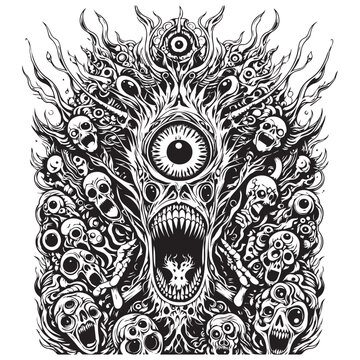 Chaotic demon with fiery tendrils with black and white