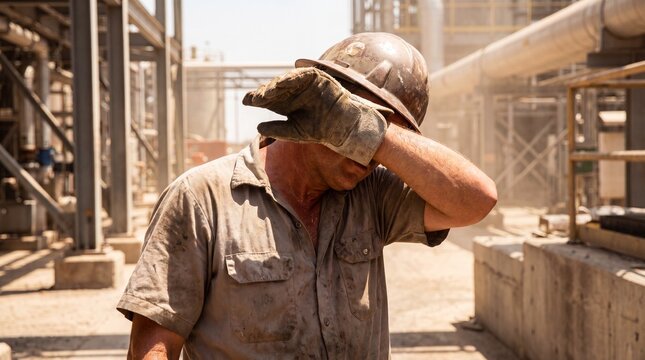 Tired industrial worker in a hard hat and protective glove wiping sweat from his forehead on a hot day at a factory. Exhausted laborer, hard work, and heatwave concept.