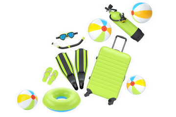 Travel suitcase, snorkeling set, flippers, scuba tank, beach balls, and float ring on white background. Concept of summer vacation © Vasyl Onyskiv