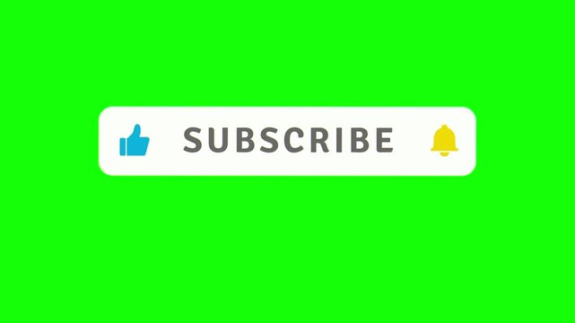 Subscribe button presents a clean white horizontal bar containing a small blue thumb like icon and a yellow bell icon on a solid green backdrop designed for seamless integration into digital media.