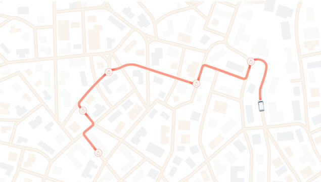 Urban street map showing garbage collection vehicle tracking along route with multiple stops