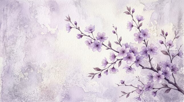 Purple cherry blossom branch painted in watercolor on textured paper
