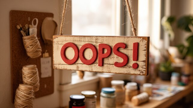 Charming crooked Oops sign on warm wood with natural light and rustic decor