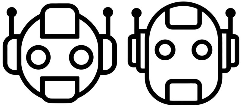Minimalist black outline vector illustration featuring two cute robotic heads isolated on transparent background