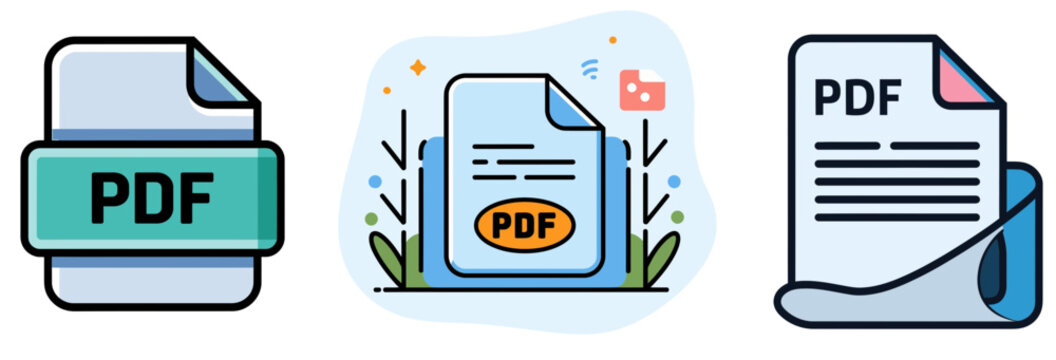Three flat vector icons representing pdf document file formats for digital design on transparent background