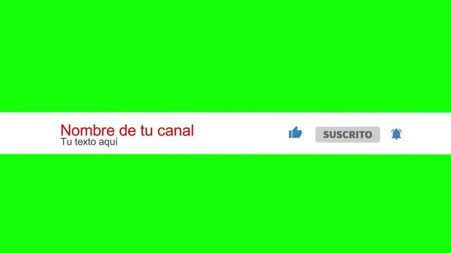 Channel name placeholder with a subscription button and notification bell icon is presented on a horizontal white bar set against a solid green screen for easy chroma key removal and video production.