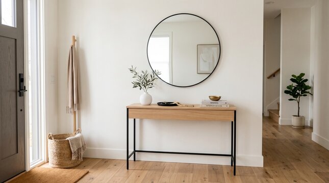 Modern minimalist entryway with wooden console table and round mirror on white wall with woven basket and plant