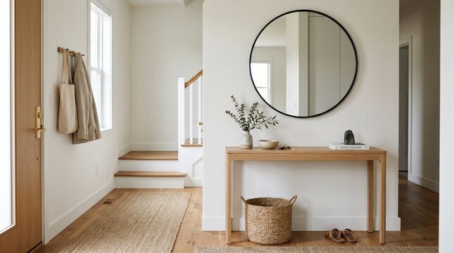 Minimalist home hallway with wooden console table and round mirror featuring a coat rack and jute runner rug