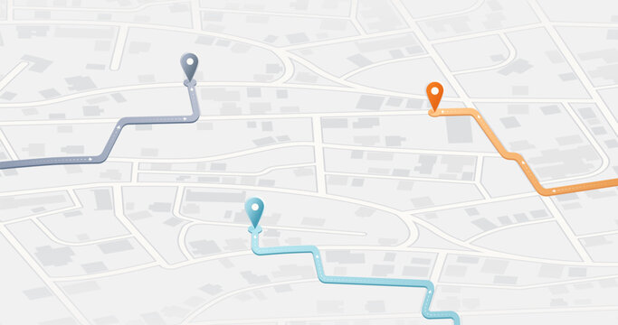 Bright minimal city map with three different colored navigation routes and pins