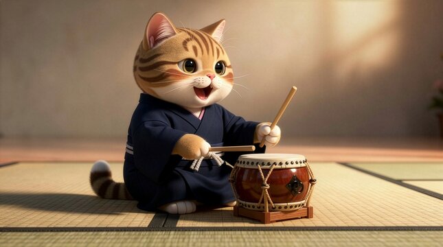 Cute 3D render of a tabby cat wearing a plain Japanese festival happi coat playing a drum on a tatami mat