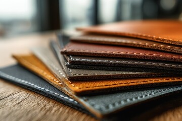 Fototapeta premium Earthy leather samples showing a color range from tan to espresso with rich texture