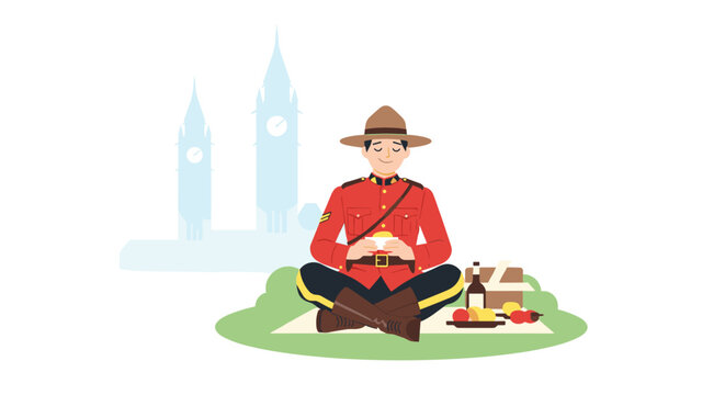 Policeman in traditional uniform celebrates canada day with picnic near parliament buildings in ottawa on a sunny day with friends and food
