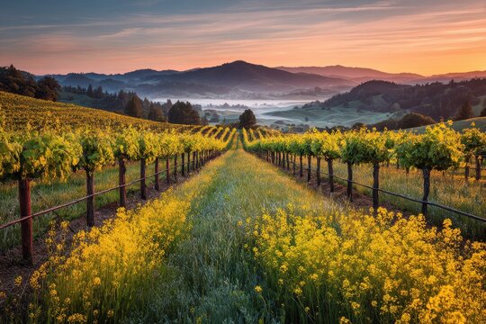 Dawn light on rolling Sonoma vines with wild mustard blooms