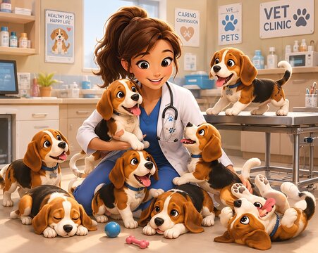 ilustrasi bergaya animasi 3D yang sangat ceria, menampilkan seorang dokter hewan wanita yang sedang dikelilingi oleh banyak anak anjing