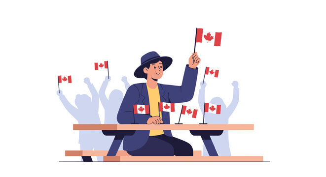 Man celebrates Canada Day with flags at outdoor table surrounded by people