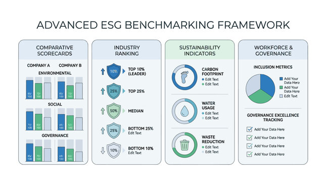 Advanced ESG Benchmarking Framework illustrating comparative scorecards, industry ranking, sustainability indicators, and workforce governance metrics.