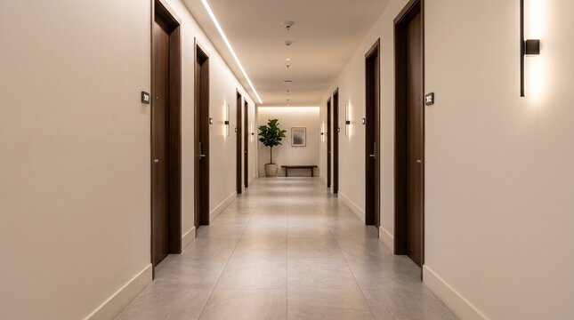 Luxurious hotel corridor with symmetrical brown wooden doors, warm linear lighting and a plant at the end