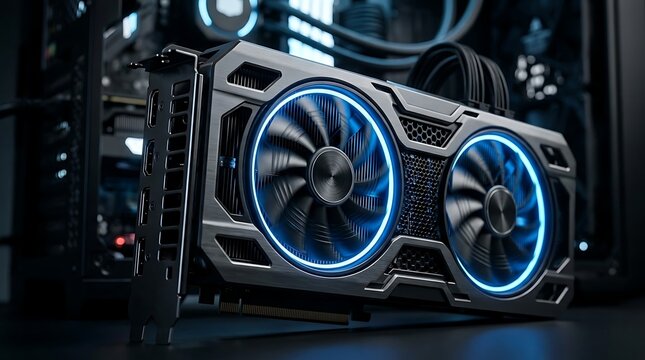 High performance graphics card with blue LED lights for gaming and professional computer builds