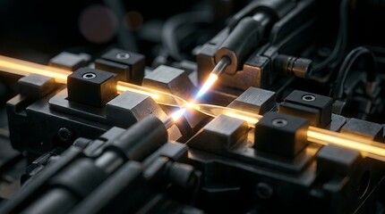 Naklejka premium Precision industrial welding process joining metal components with bright intense sparks and glowing heat in a manufacturing facility