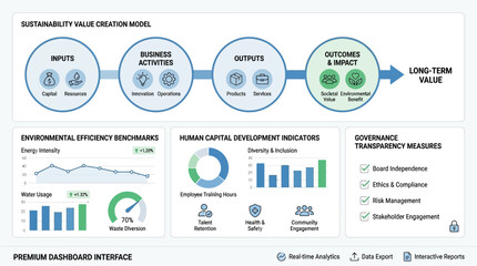 Fototapeta premium A comprehensive dashboard interface illustrating a sustainability value creation model with environmental, human capital, and governance metrics.