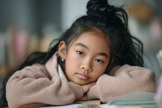 Close-up of a young girl resting her head on arms at a desk with books. Concept of fatigue, studying, and home learning routine.
