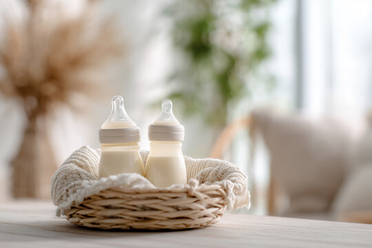 Baby bottles with milk in basket. Maternity and baby care concept.