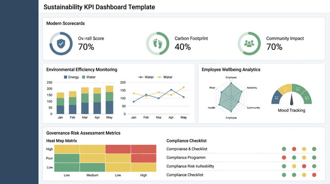 A comprehensive sustainability KPI dashboard template displaying environmental efficiency, employee wellbeing, governance risk, and key performance indicators.