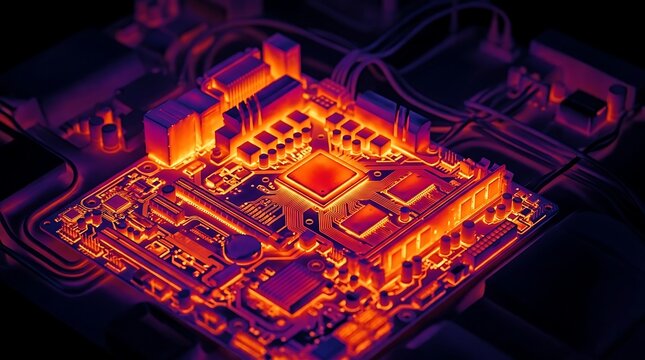 Close-up thermal image of a glowing computer processor chip on a circuit board highlighting intense heat and advanced technology circuits