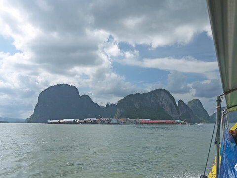 View From the Boat Approaching Ko Panyi Floating Sea Gypsy Village in Phang Nga Bay Thailand