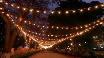 Fototapeta premium A pathway lined with twinkling string lights illuminates a tranquil outdoor landscape among trees in the evening