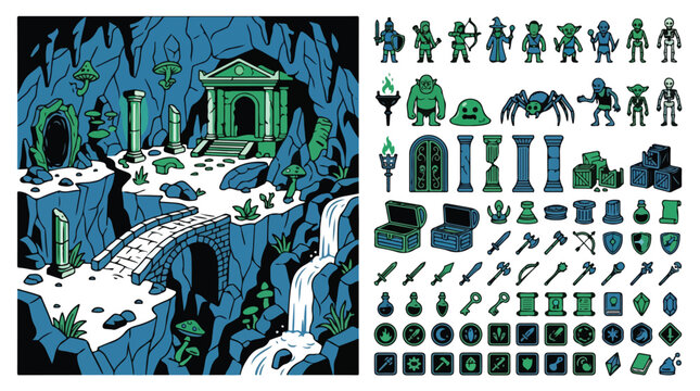 Fantasy dungeon game assets vector set, medieval rpg map with stone ruins and bridge, adventure quest icons and character sprites collection