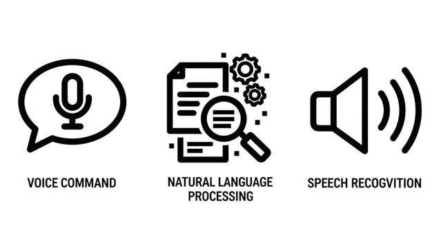 Voice technology icon set featuring voice commands natural language processing speech recognition language processing recognition technology artificial intelligence communication interface