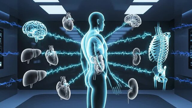 Futuristic Digital Illustration Of Human Body With Highlighted Organs Showcasing Interconnected Anatomy And Technology In Healthcare
