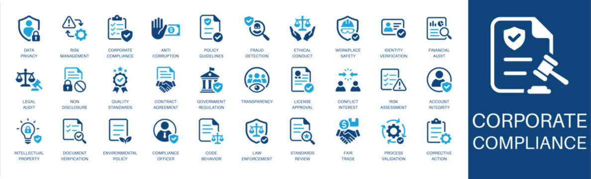 Corporate compliance and policy solid icon set. Featuring data privacy, anti corruption, financial audit, transparency, and fair trade. Editable vector glyphs for risk assessment and legal strategy.