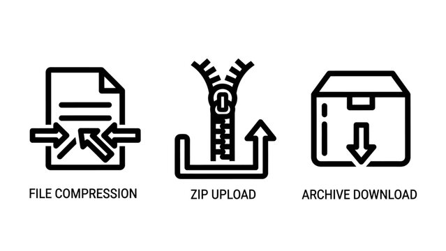 Set of file compression zip upload and archive download thin line icons compression download transfer internet technology document minimalist collection management interface iconography