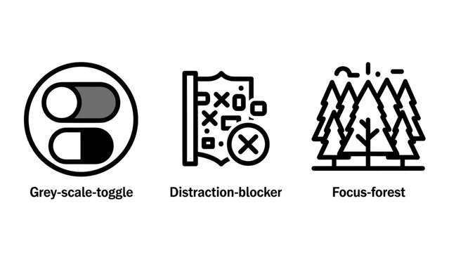 Set of greyscale toggle distraction blocker and focus forest thin line icons distraction greyscale productivity management interface concentration minimalist technology software collection