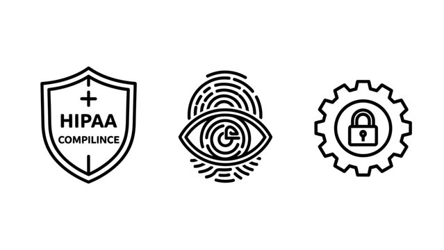Set of hipaa compliance shield fingerprint scan and locked gear thin line icons security compliance fingerprint protection biometric encryption technology authentication minimalist password