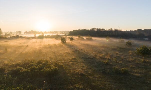 Diepenbeek, Belgium. Aerial drone sunrise over misty heathland with dramatic sun rays and scattered vegetation