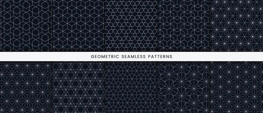 Geometric seamless patterns collection with linear designs on a dark navy background
