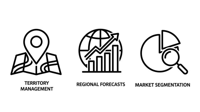 Business management and marketing strategy icon set with business management marketing strategy territory forecast segmentation analysis corporate planning consumer demographics statistics