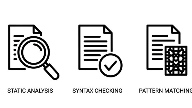 Static analysis and syntax checking software development icons with analysis checking matching programming software development debugging verification automation engineering compiler