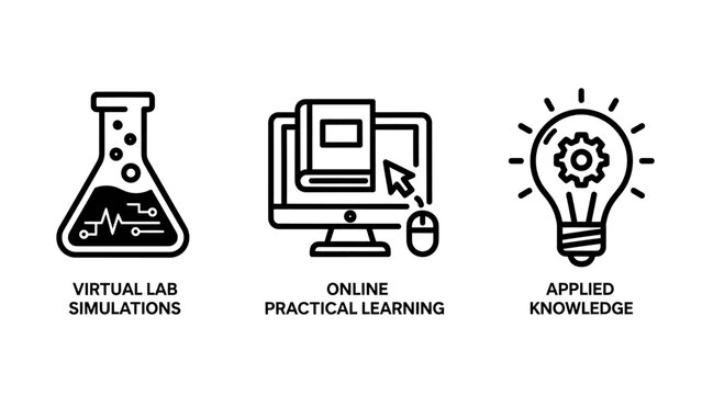 Online education and digital learning icons with e learning education learning simulation knowledge training university chemistry experiment computer lightbulb innovation academic