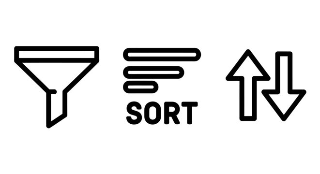 Digital user interface icons for filtering sorting and sorting order with interface navigation database application management ascending descending minimalist information organization