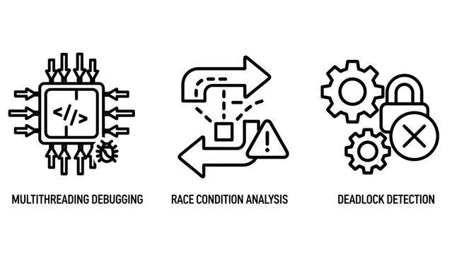Software development debugging and error icons set with debugging multithreading condition deadlock software development programming analysis technology computer algorithm engineering