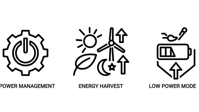 Power management and energy efficiency technology icons with management sustainability renewable efficiency electronics technology hardware electrical consumption optimization component