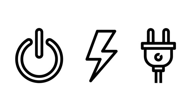 Set of electrical power icons including power button lightning bolt power plug with electrical electricity lightning connection electronic technology minimalist electric components hardware