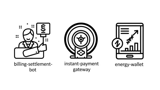 Set of billing settlement bot instant payment gateway energy wallet vector icons settlement technology currency transaction business illustration minimalist automation interface